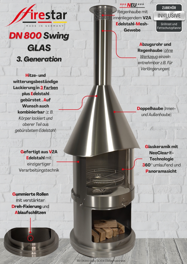 Bild 1 von Grillkamin Firestar DN 800 Swing GLAS 3. Generation inkl. Grillrost und Fettschutzpfanne
