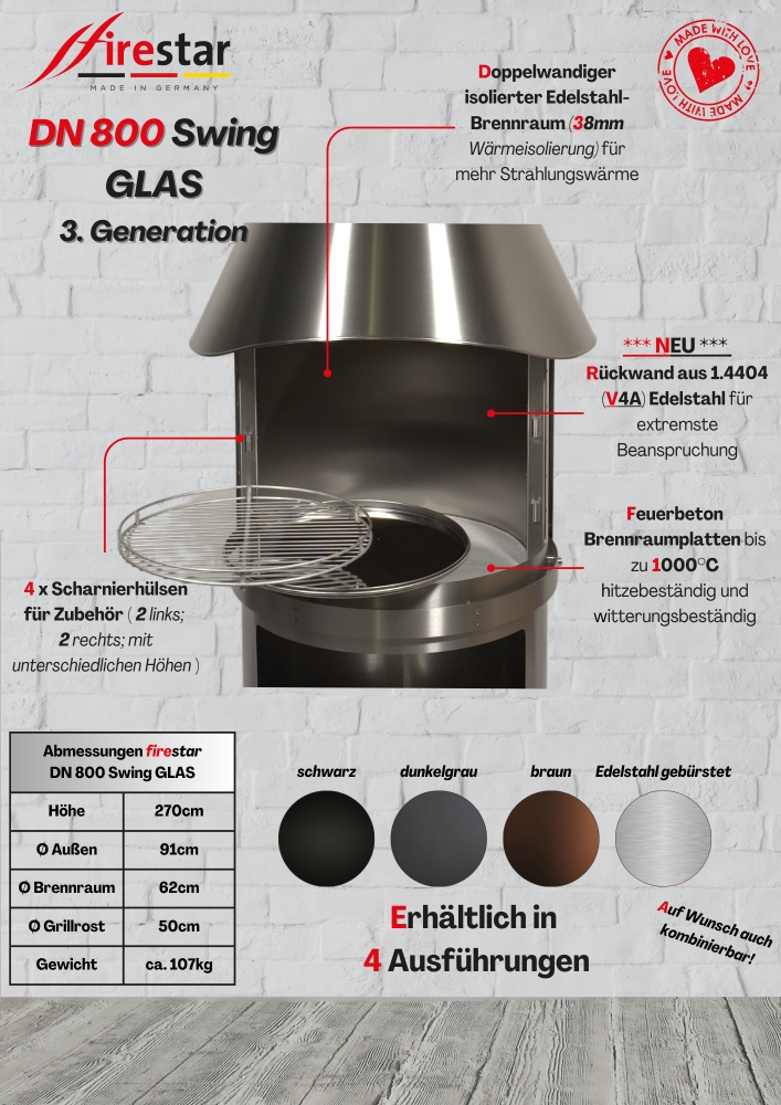Bild 1 von Grillkamin Firestar DN 800 Swing GLAS 3. Generation inkl. Grillrost und Fettschutzpfanne